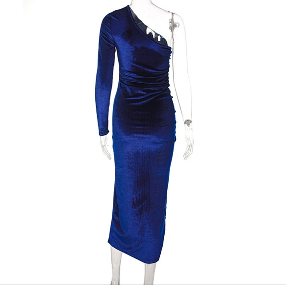 Women Elegant Long Sleeve Party Evening Velvet Bodycon Split Pencil Midi Dress - Picture 5 of 7